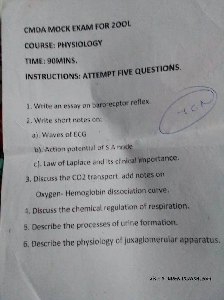 CMDA Mock Exam for 200L Past Questions and Answers