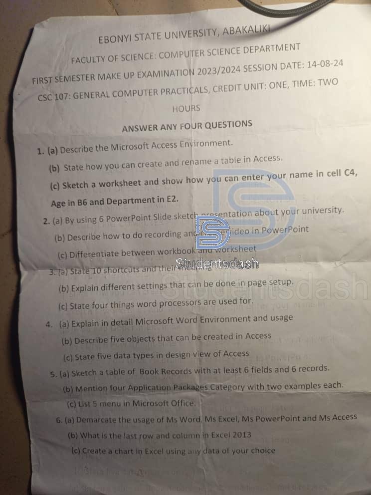 COS 107 ( CSC 107 ) Past Questions and Answers 2024