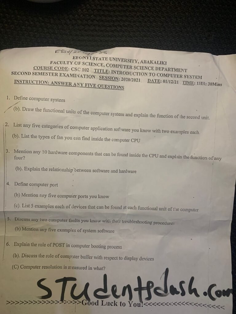 CSC 102 Past Questions And Answers