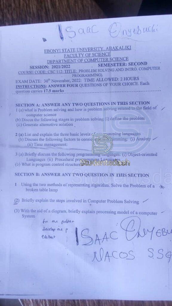 CSC 112 Past Questions and Answers