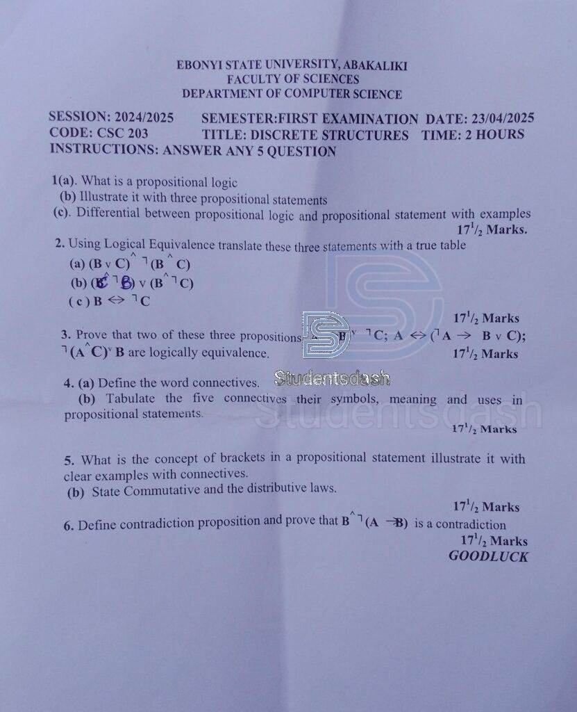 CSC 203 _ COS 203 Past Questions and Answers 2025