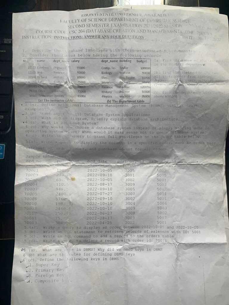 CSC 204 Past Question and Answers