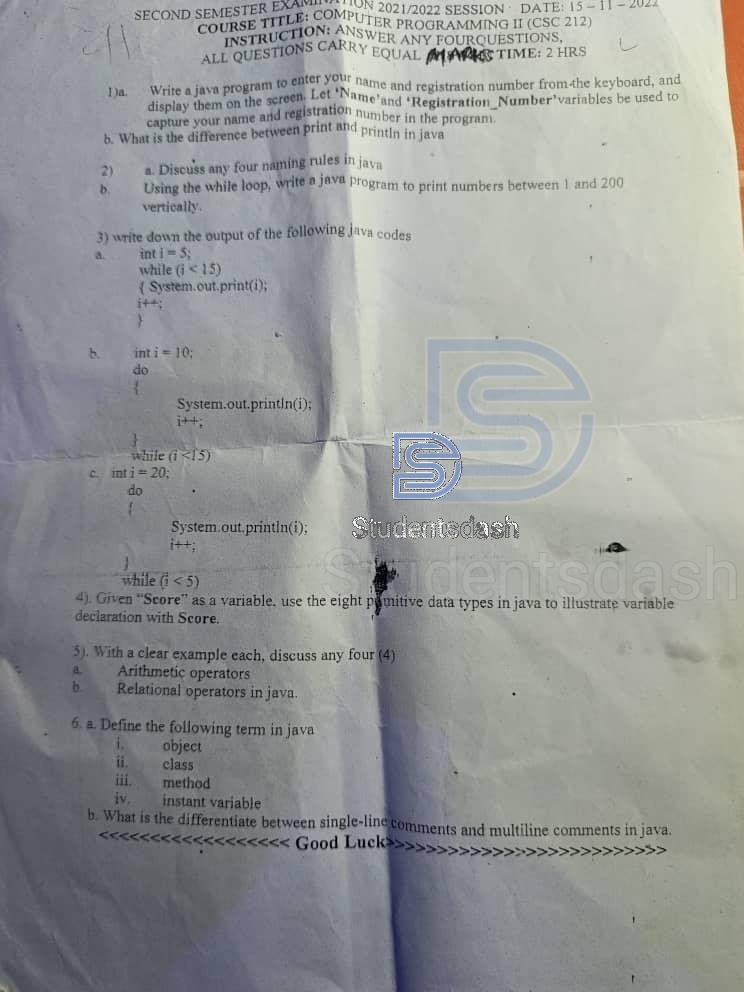 CSC 212 Past Questions and Answers