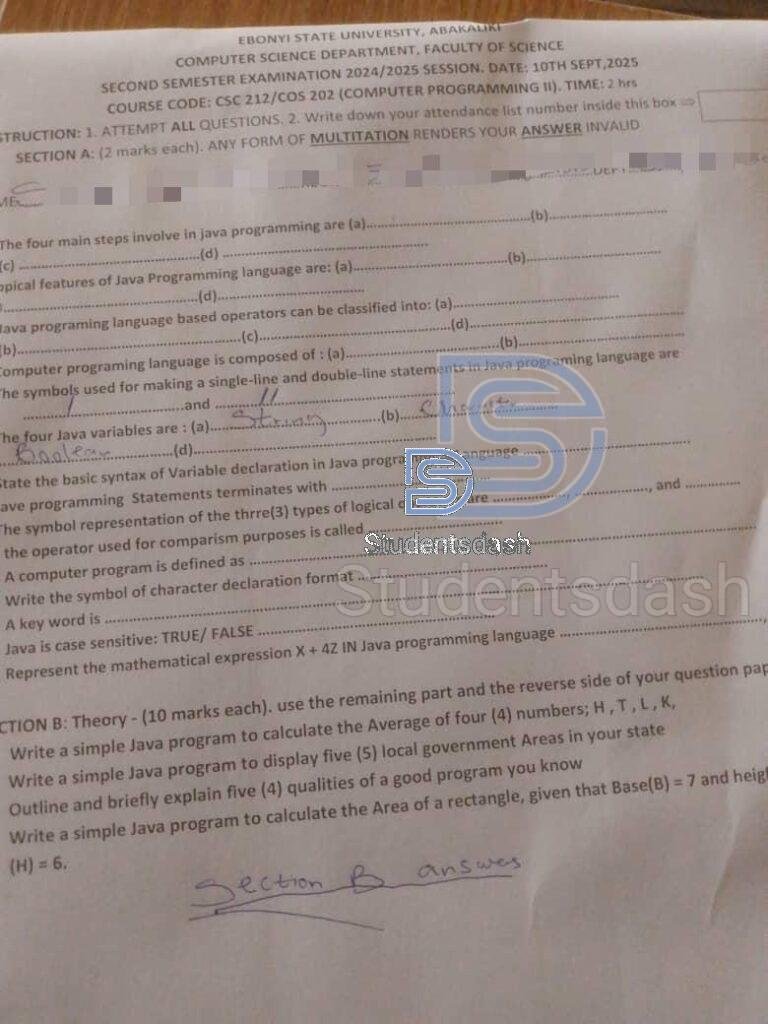CSC 212 _ CSC 202 Past Questions and Answers