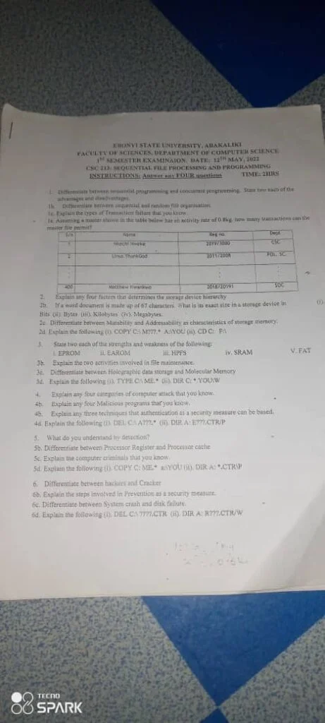 CSC 213 Past Questions and Answers