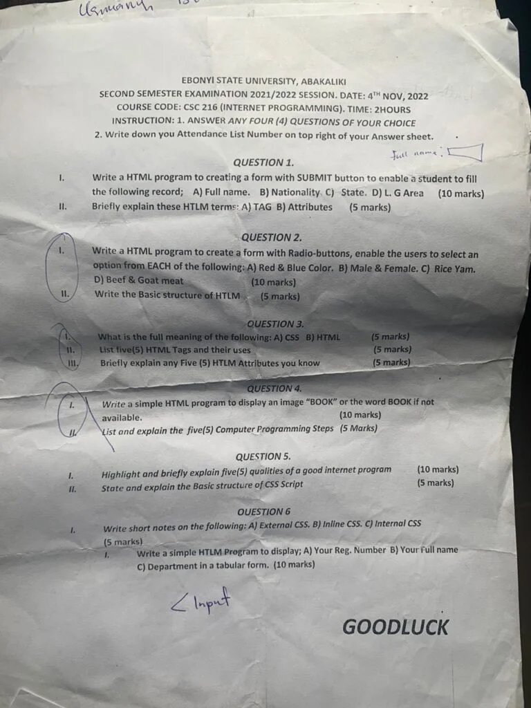 CSC 216 Past Question and Answers