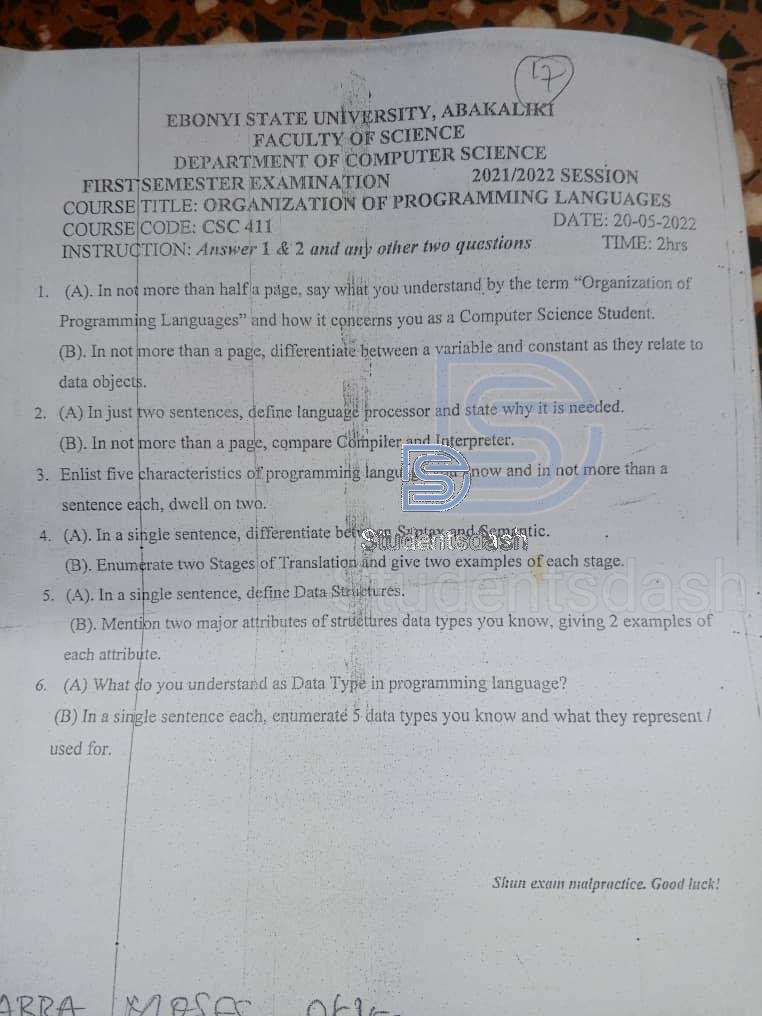 CSC 411 Past Questions and Answers