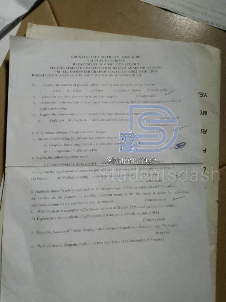 CSC 432 Computer Graphics Past Questions and Answers 2022