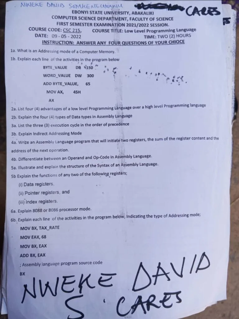 Csc 215 Past Questions and Answers