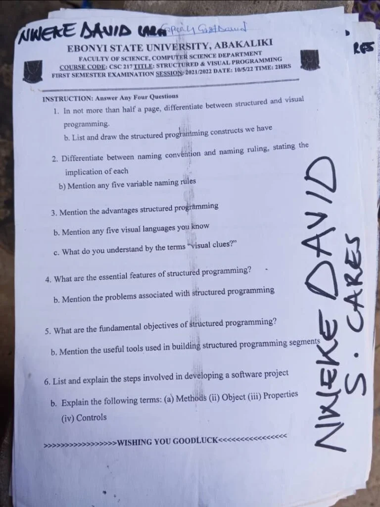 Csc 217 Past Questions and Answers