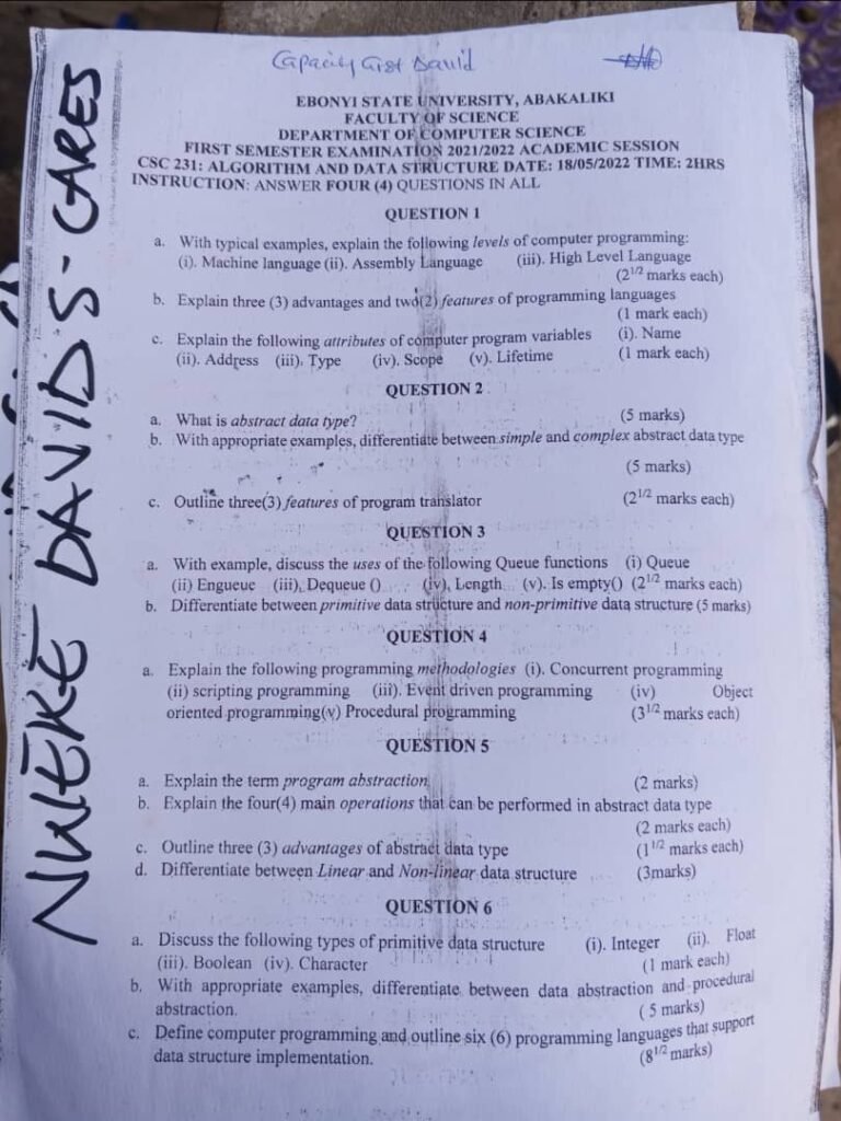 Csc 231 Past Questions and Answers