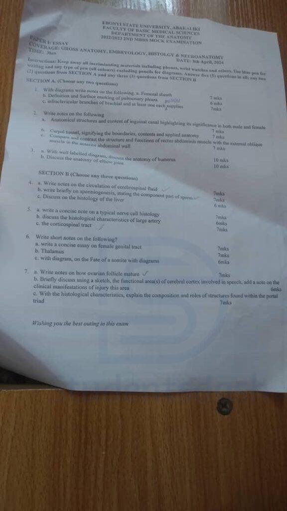 EBSU 2nd MBBS Exam Past Question Paper and Answers