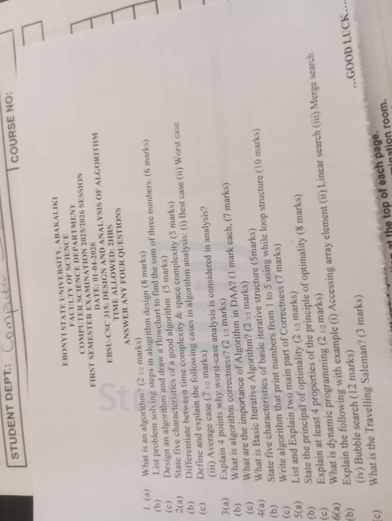 EBSU CSC 315 Past Question and Answers