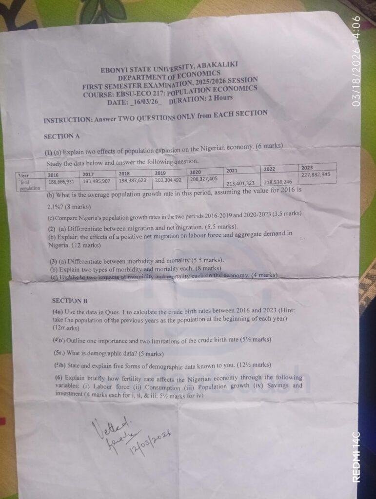 EBSU ECO 217 Past Questions and Answers