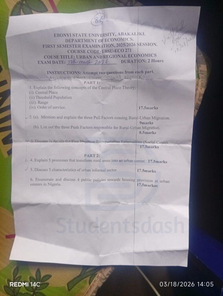 EBSU ECO 271 Past Questions and Answers