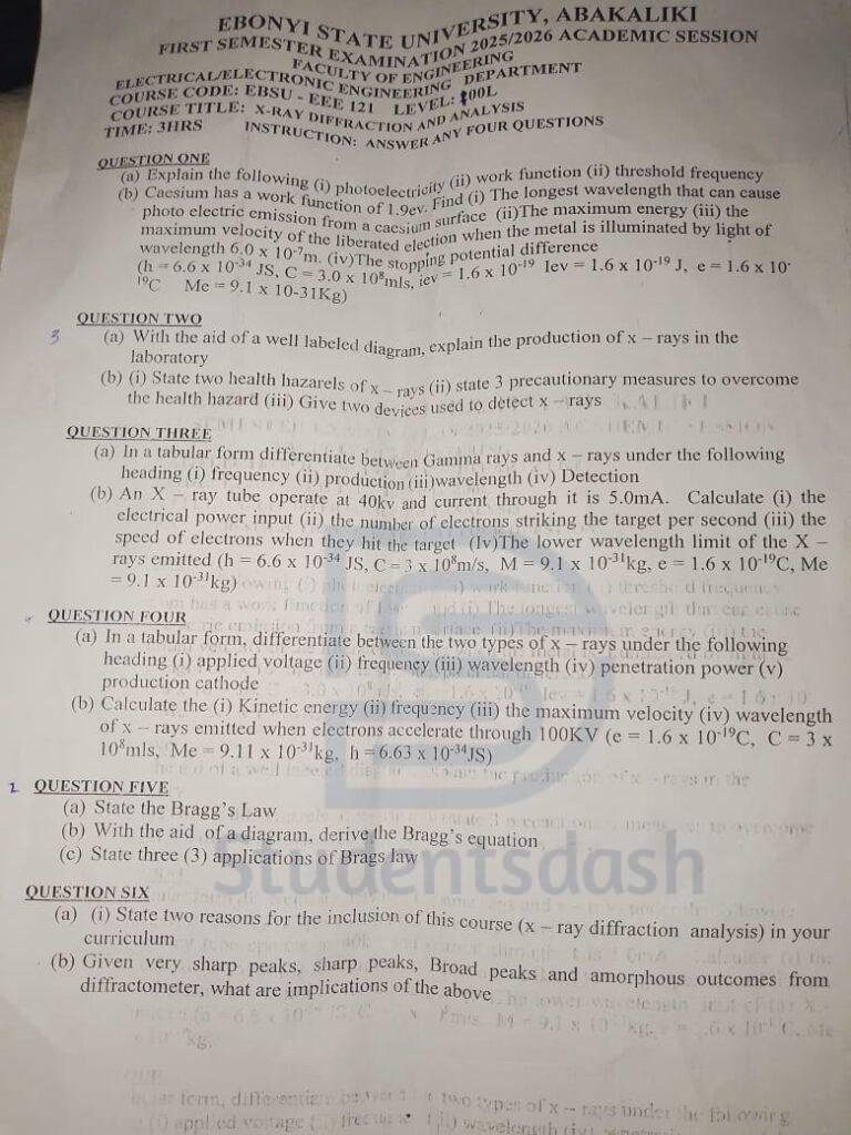 EBSU EEE 121 Past Question and Answer