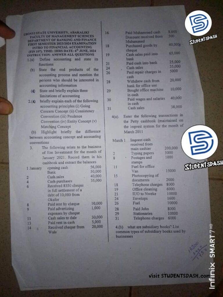 EBSU FIN 107 Past Questions and Answers