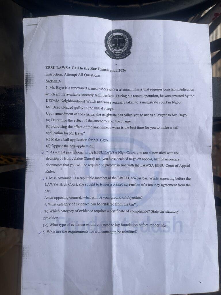 EBSU LAWSA CALL TO BAR EXAMINATION 2026 Past Question
