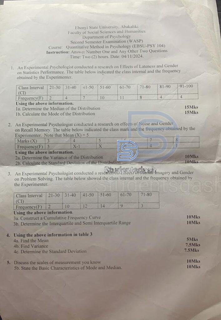 EBSU PSY 104 Past Questions and Answers