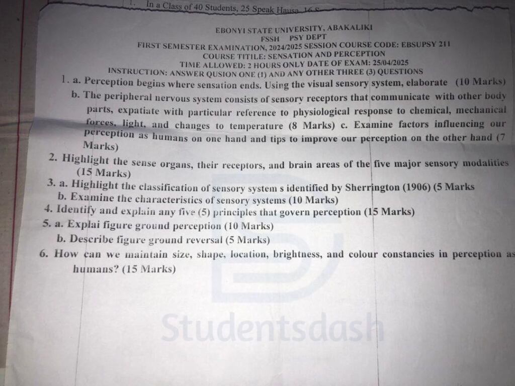 EBSU PSY 211 Past Questions and Answers