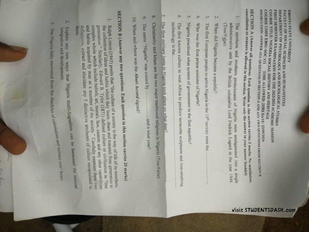 EBSU SOC 111 Past Questions and Answers
