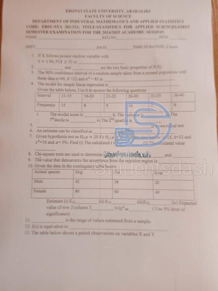 EBSU- STA 201 _ STA 221 Past Questions and Answers