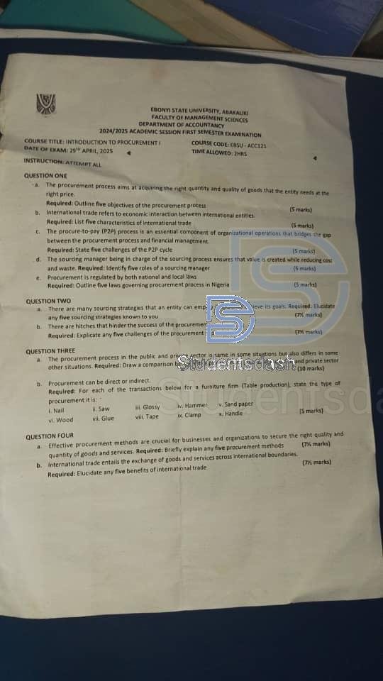 EBSU-ACC 121 Past Questions and Answers