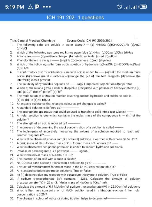 EBSU-CHEM 108 Past Questions and Answers