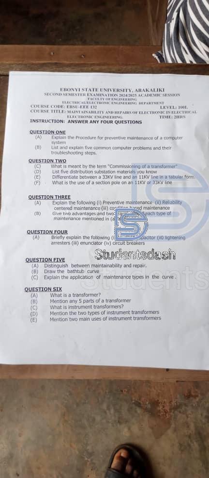 EBSU-EEE 132 Past Questions and Answers