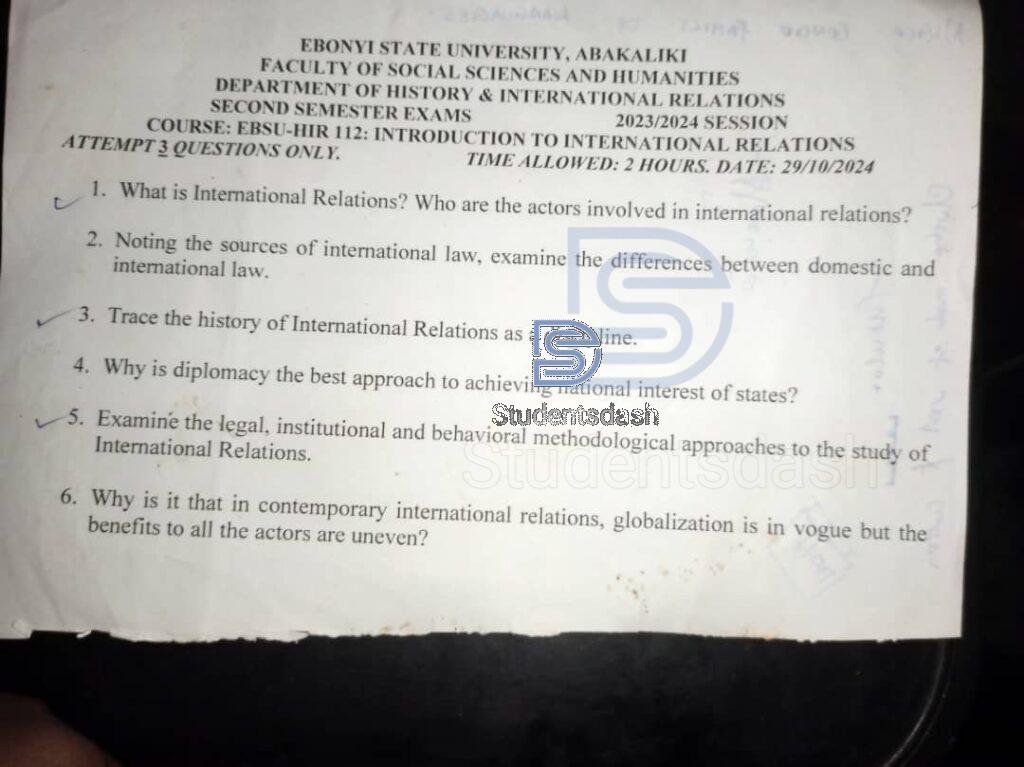 EBSU-HIR 112 past Questions and Answers (Introduction to International Relations)