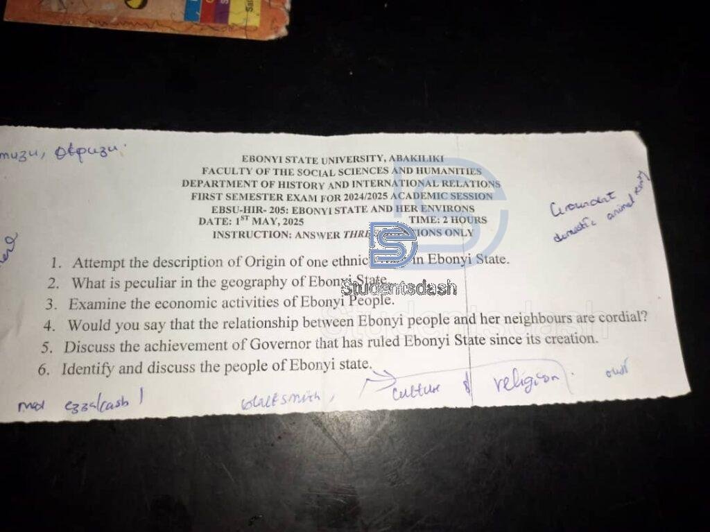 EBSU-HIR 205 Past Questions and Answers (Ebonyi State and Her Environs)
