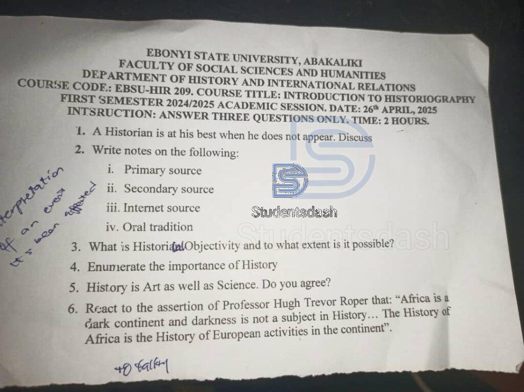 EBSU-HIR 209 Past Questions and Answers (Introduction to Historigraphy)