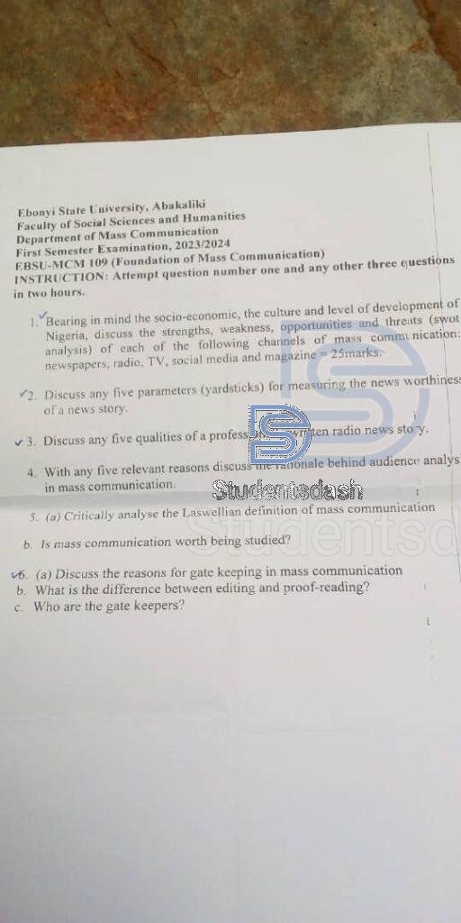 EBSU-MCM 109 Past Questions and Answers
