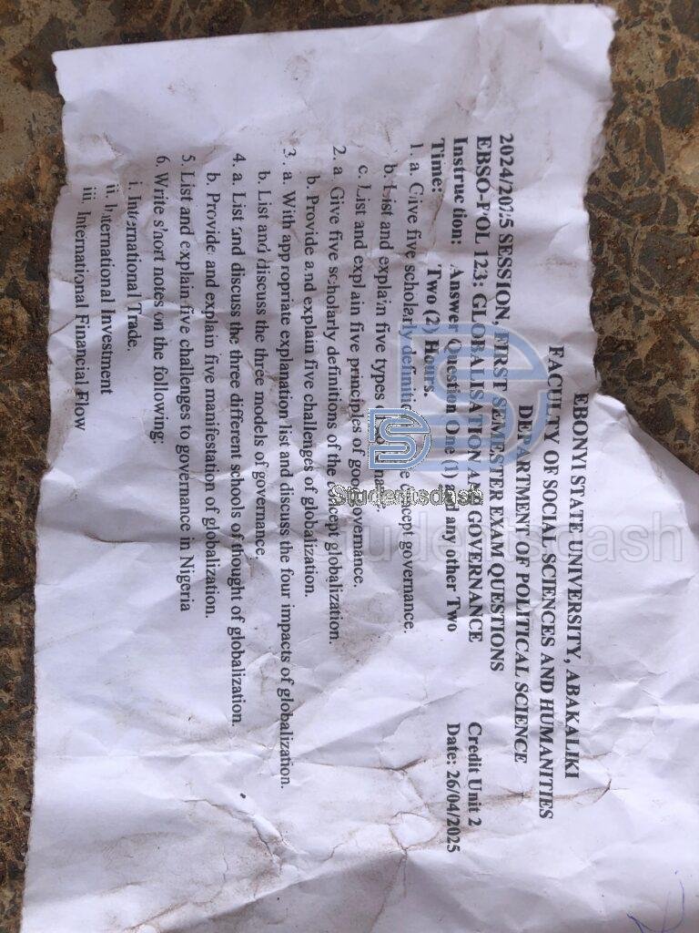 EBSU-POL 123 Past Questions and Answers