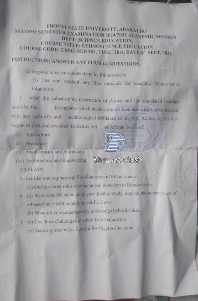 EBSU-SED 102 Past Questions and Answers 2025