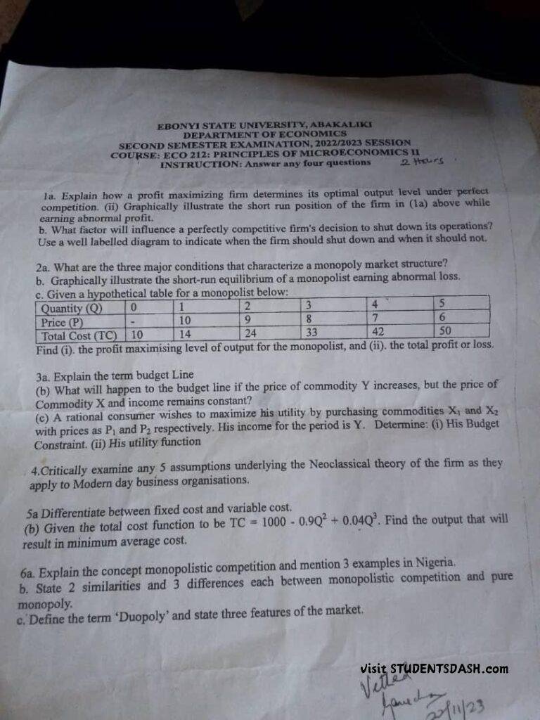 ECO 212 Past Questions and Answers