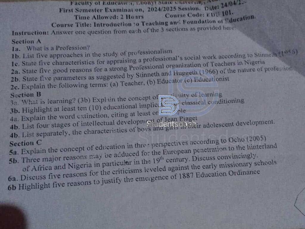 EDU 101 past Questions and Answers 2024