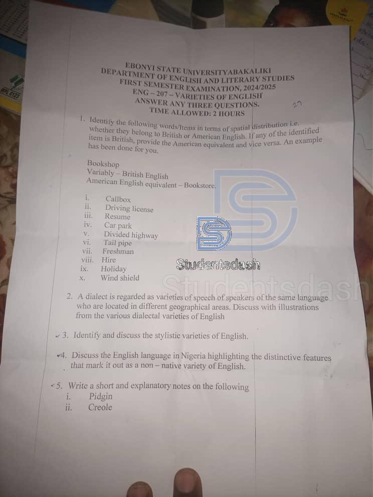 ENG 207 Past Questions and Answers
