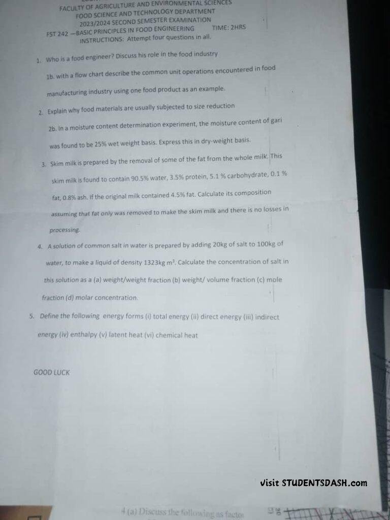 FST 242 Past Questions and Answers