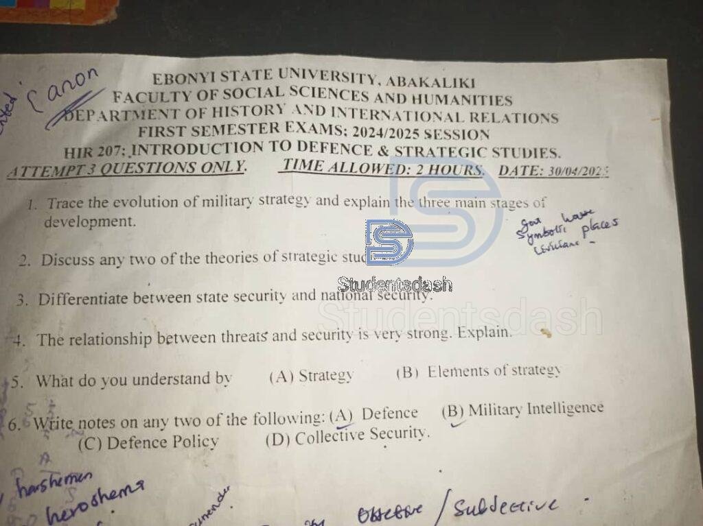HIR 207 Past Questions and Answers (Introduction to Defence and Strategic Studies)