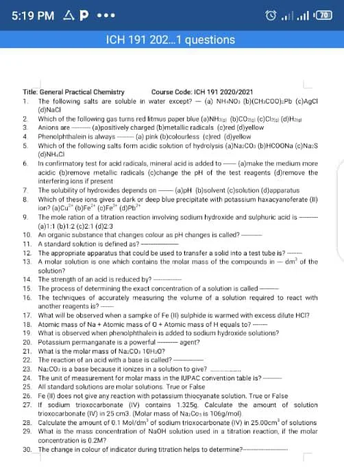 ICH 191 Past Question and Answer