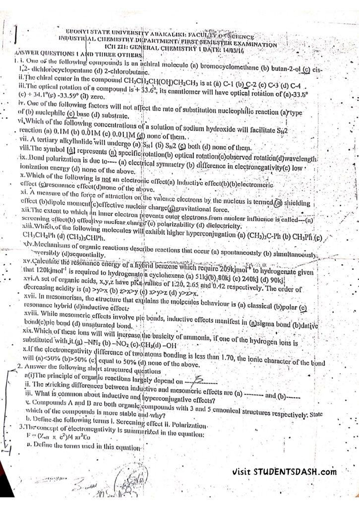 ICH 221 Past Questions and Answers