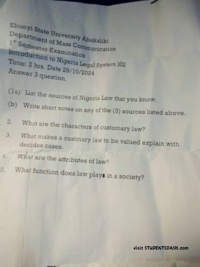 Introduction to Nigeria Legal System 102 Past Questions and Answers
