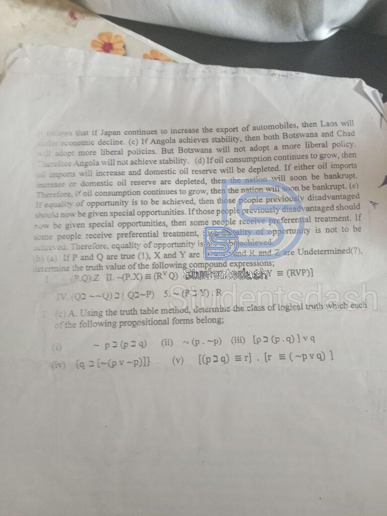 LAW 102 Logic and Philosophical Thoughts (PHL 121 Past Questions and Answers