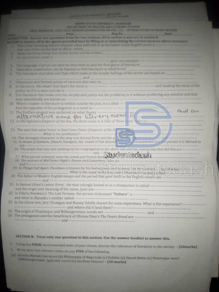LIT 105 (ENG 121) Past Questions and Answers