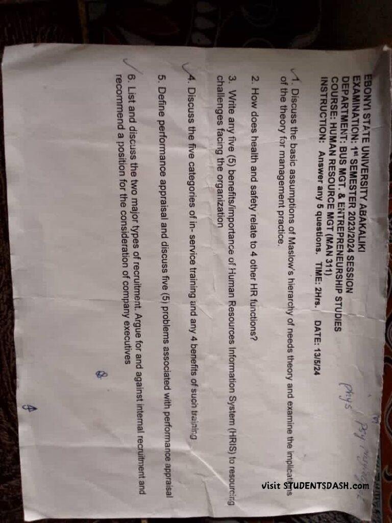 MAN 311 Past Questions and Answers