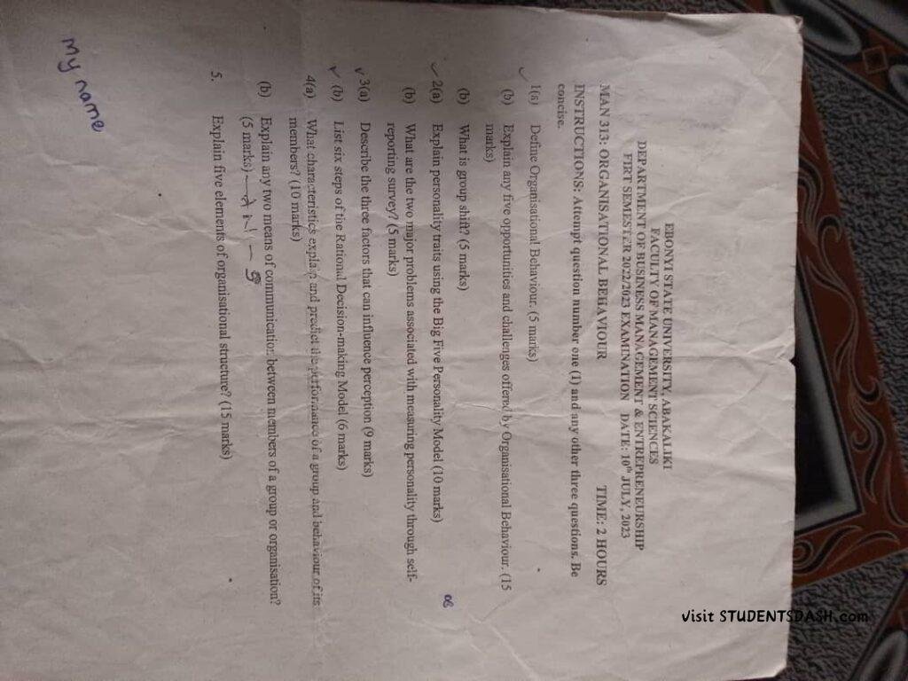 MAN 313 Past Questions and Answers
