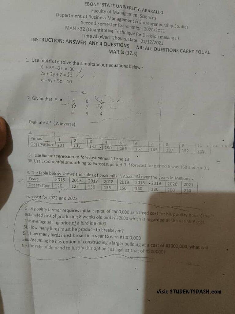 MAN 332 Past Questions and Answers