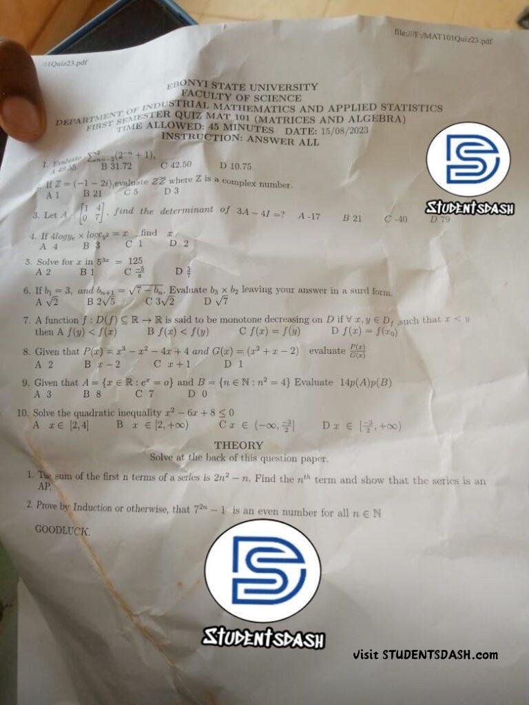 MAT 101 (MTH 101) Quiz Past Questions and Answers