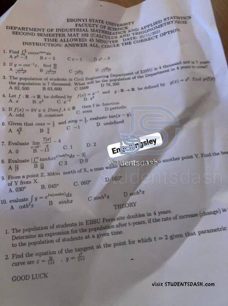 MAT 102 Quiz Past Questions and Answers